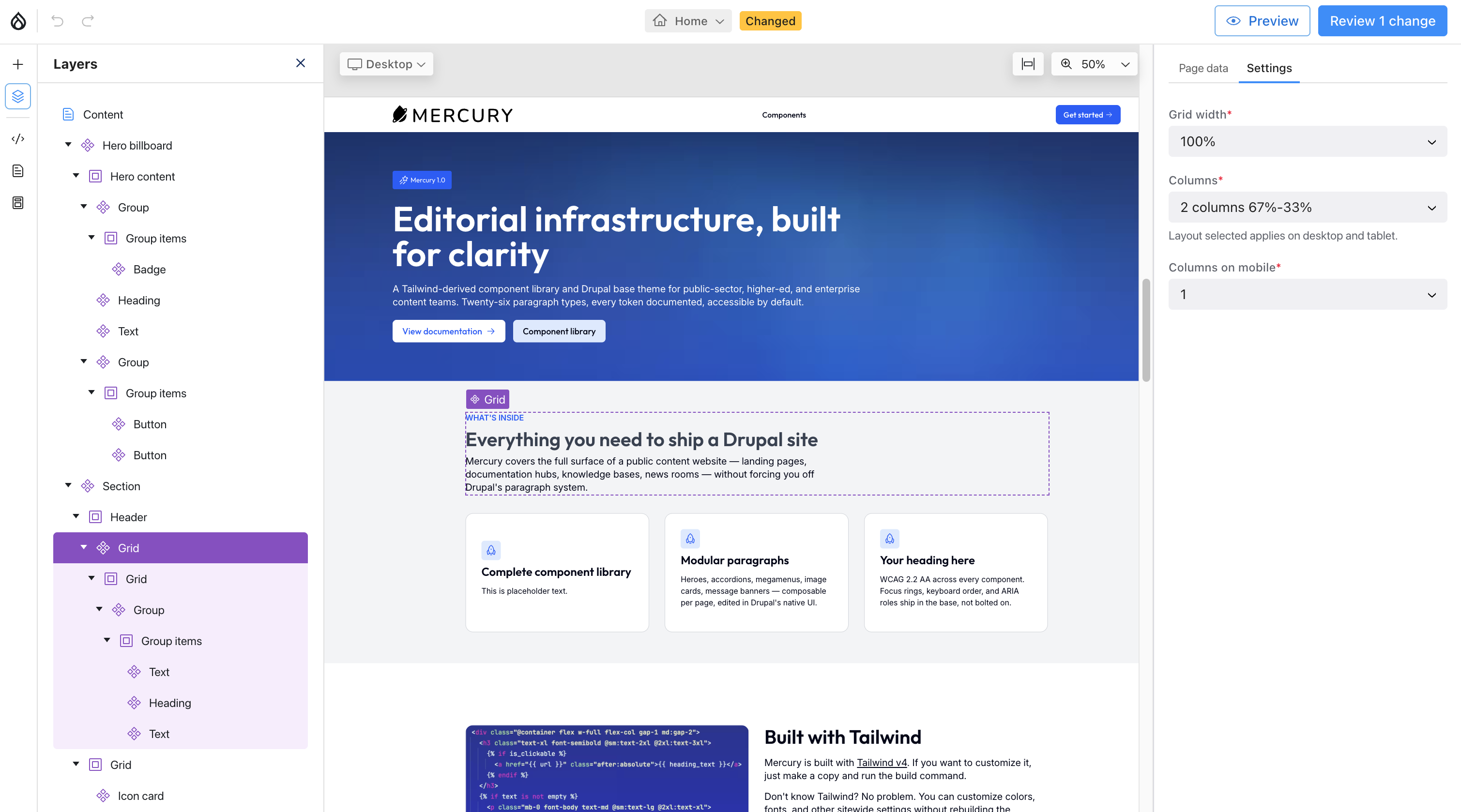 Screenshot of the Drupal Canvas drag-and-drop visual page builder